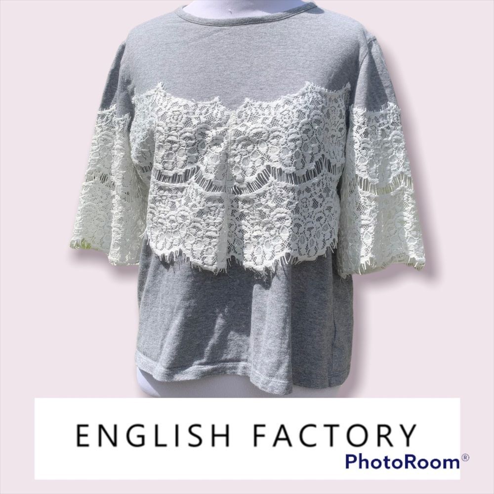 English Factory Grey Lace Detail Top Medium